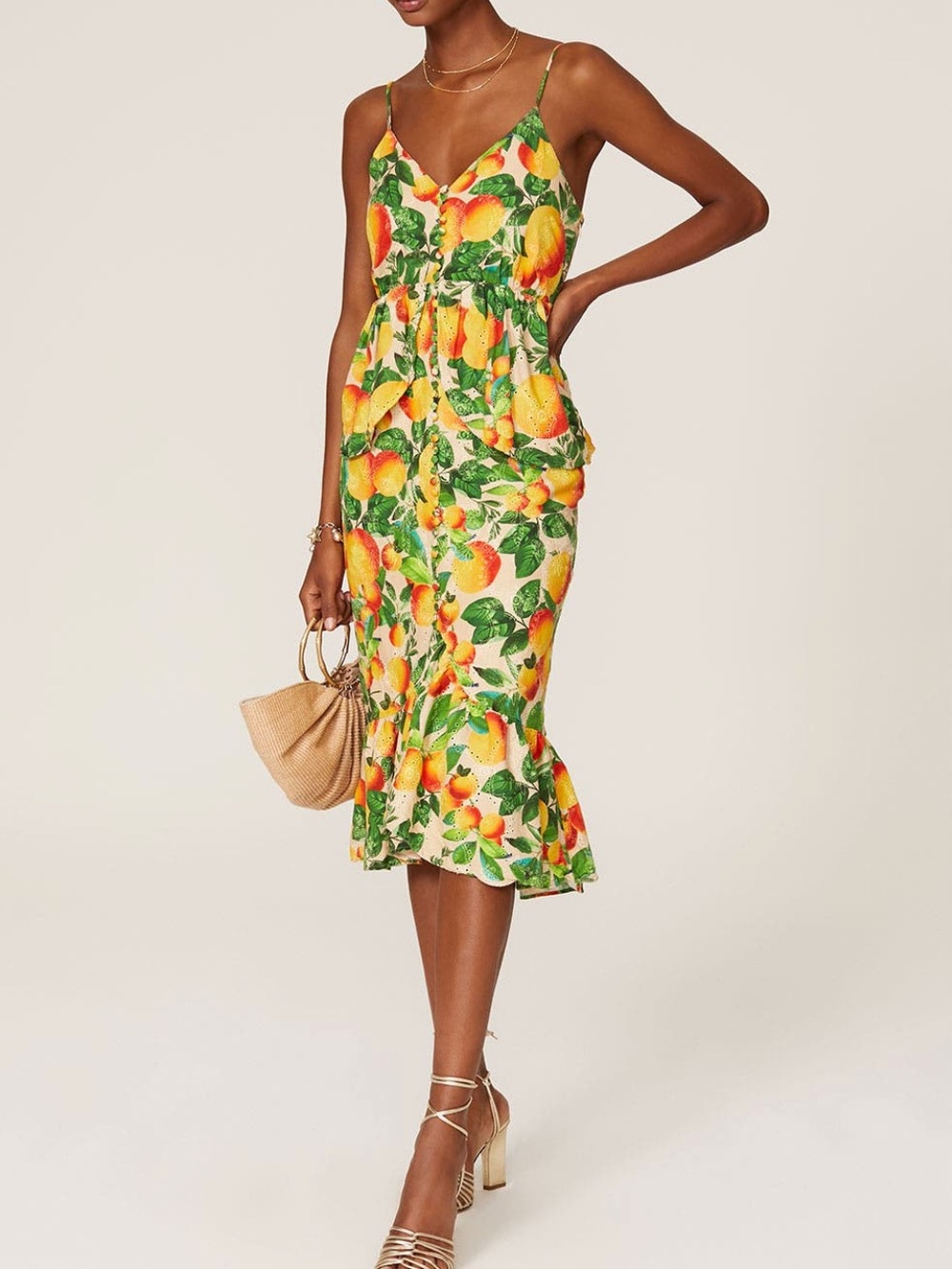 Farm Rio Citrus Oranges Sands Linen Midi Dress Size Small